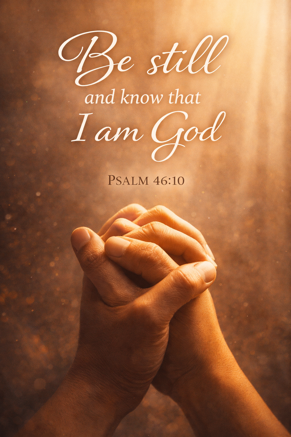 Hands clasped together in prayer with warm golden light streaming from above, intimate devotional close-up, text "Be still and know that I am God -- Psalm 46:10" -- vertical Bible verse wallpaper